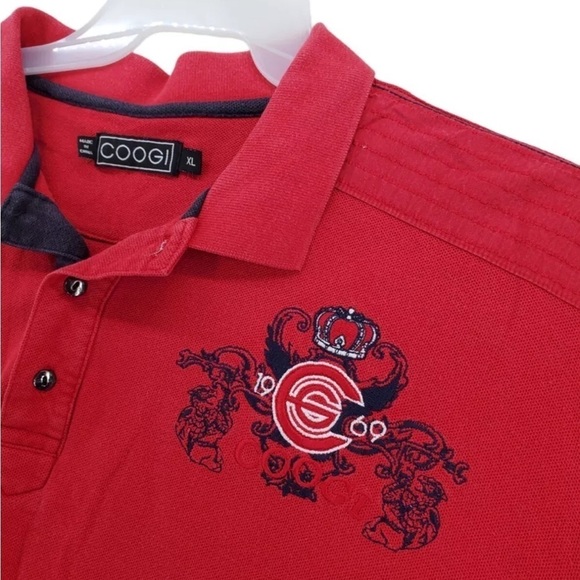 Coogi Polo Shirt Men XL SS Pullover Embellished Crest Logo Bling 100% Cotton Red - Picture 1 of 16